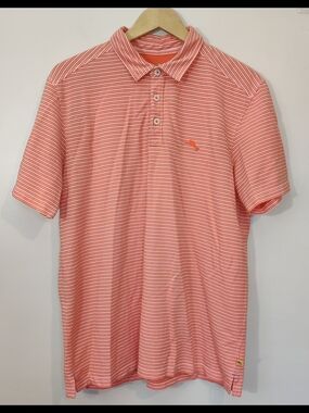 Tommy Bahama Mens Large L Orange IslandZone Striped Polo Shirt Marlin Golf Peach